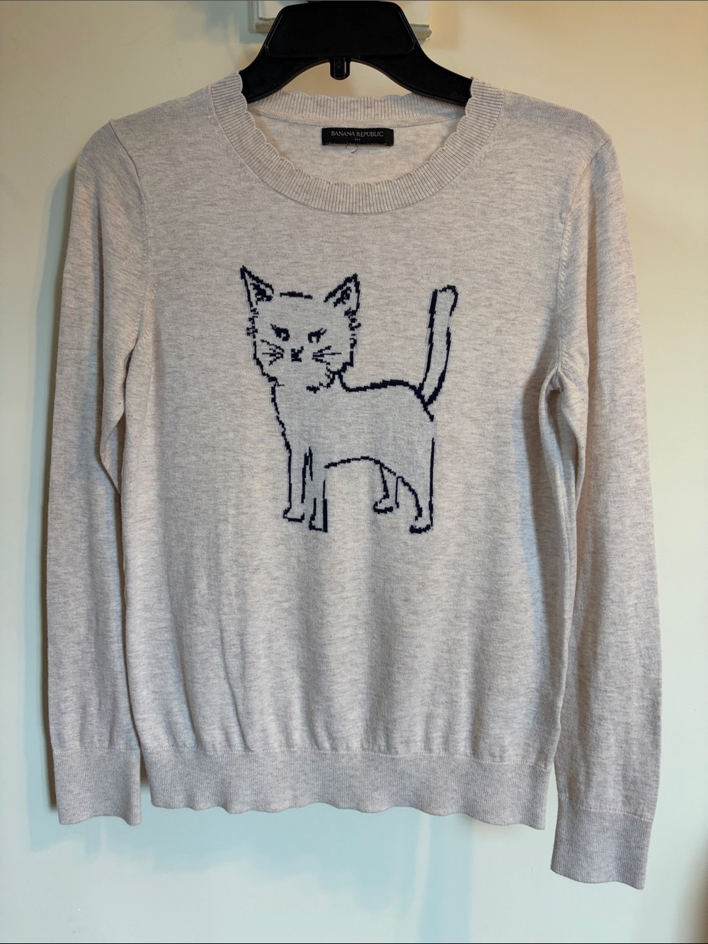 Banana Republic Cream Navy Cat Sweater Cotton Rayon Kitty Graphic M Halloween